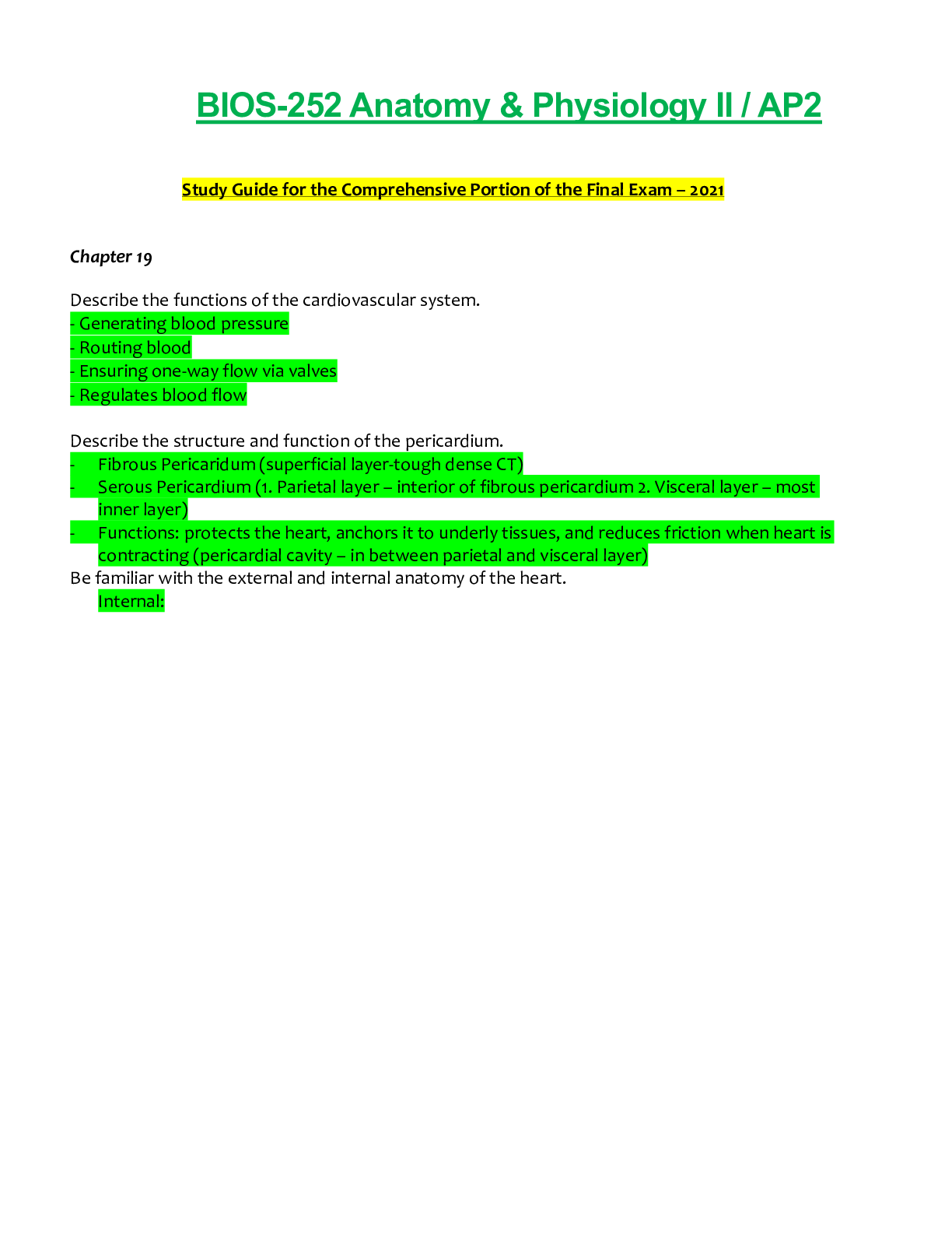 Preview of BIOS252 / BIOS 252: Anatomy & Physiology II Final Exam Study Guide   Chamberlain College o